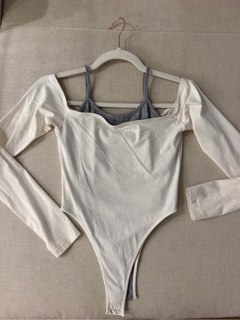 Off-Shoulder Long Sleeve Bodysuit with Built-In Camisole — Cream & Gray